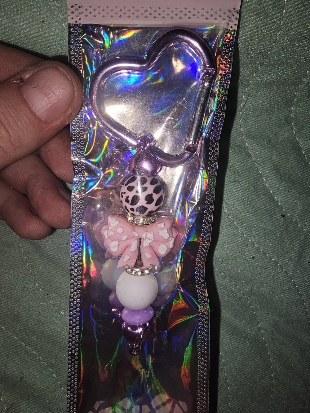 Pink Bow & Bead Heart Keychain Keyring